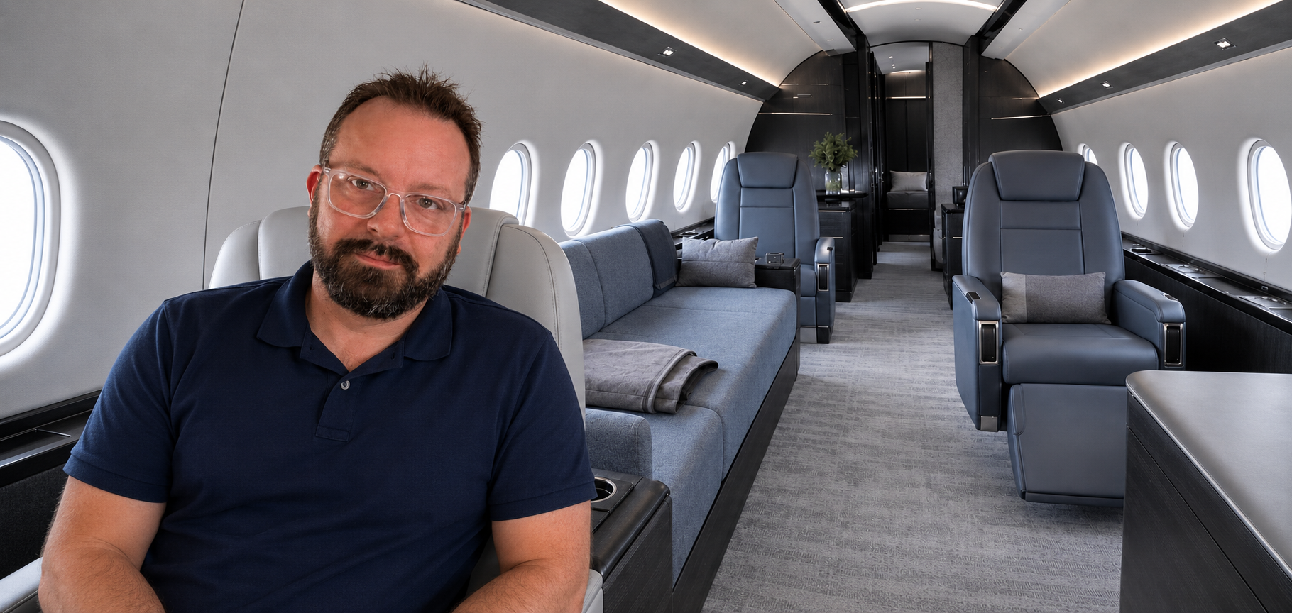 Christopher Glovacki inside a modern large-cabin business aircraft